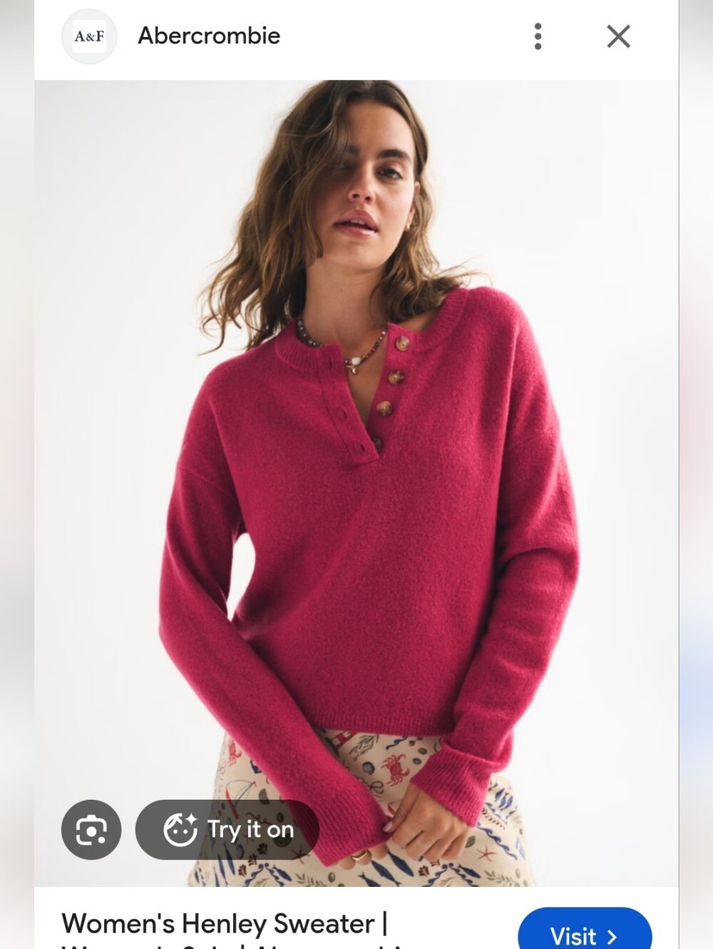 Abercrombie & Fitch Women's Red Henley Crewneck Sweater